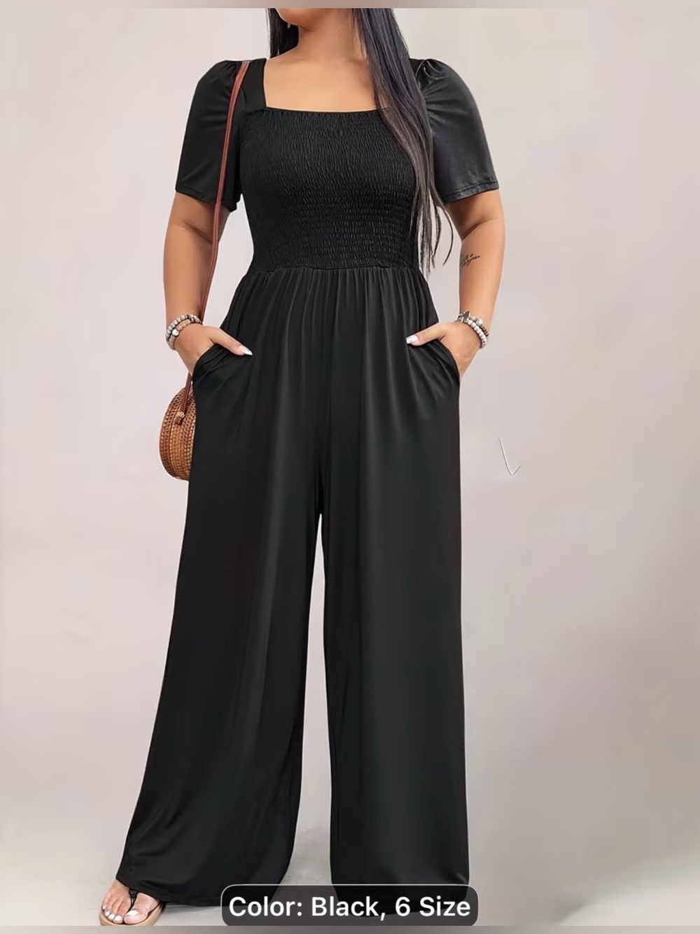 Smocked Square-Neck Black Wide-Leg Jumpsuit